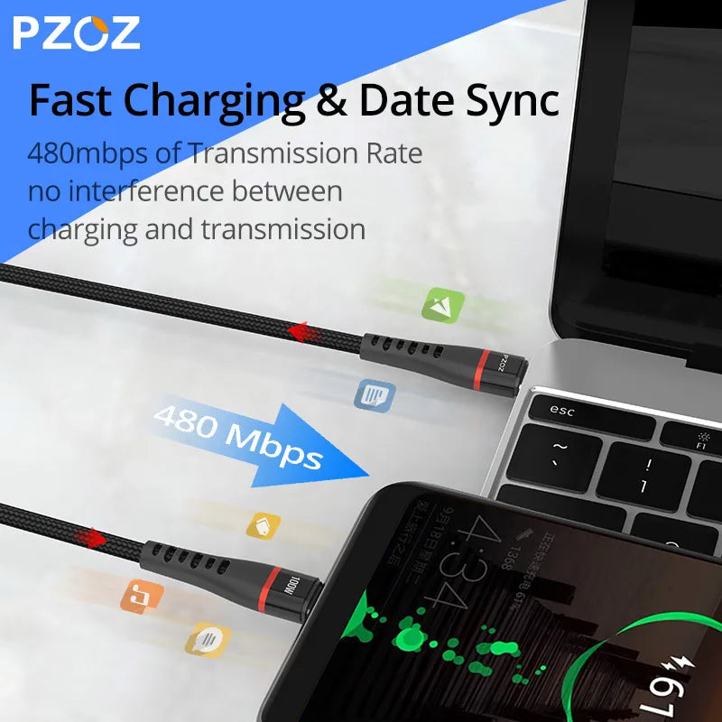 PZOZ 100W USB C to USB Type C Cable PD 5A Fast Charging For iPhone 15 Pro Max MacBook iPad Samsung Xiaomi 60W USBC Charger Cord