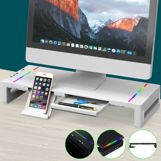 Multi-Function RGB Computer Monitor Stands Foldable with USB3.0 Port Keyboard Mouse Storage Shelf and Drawer Monitor Holder