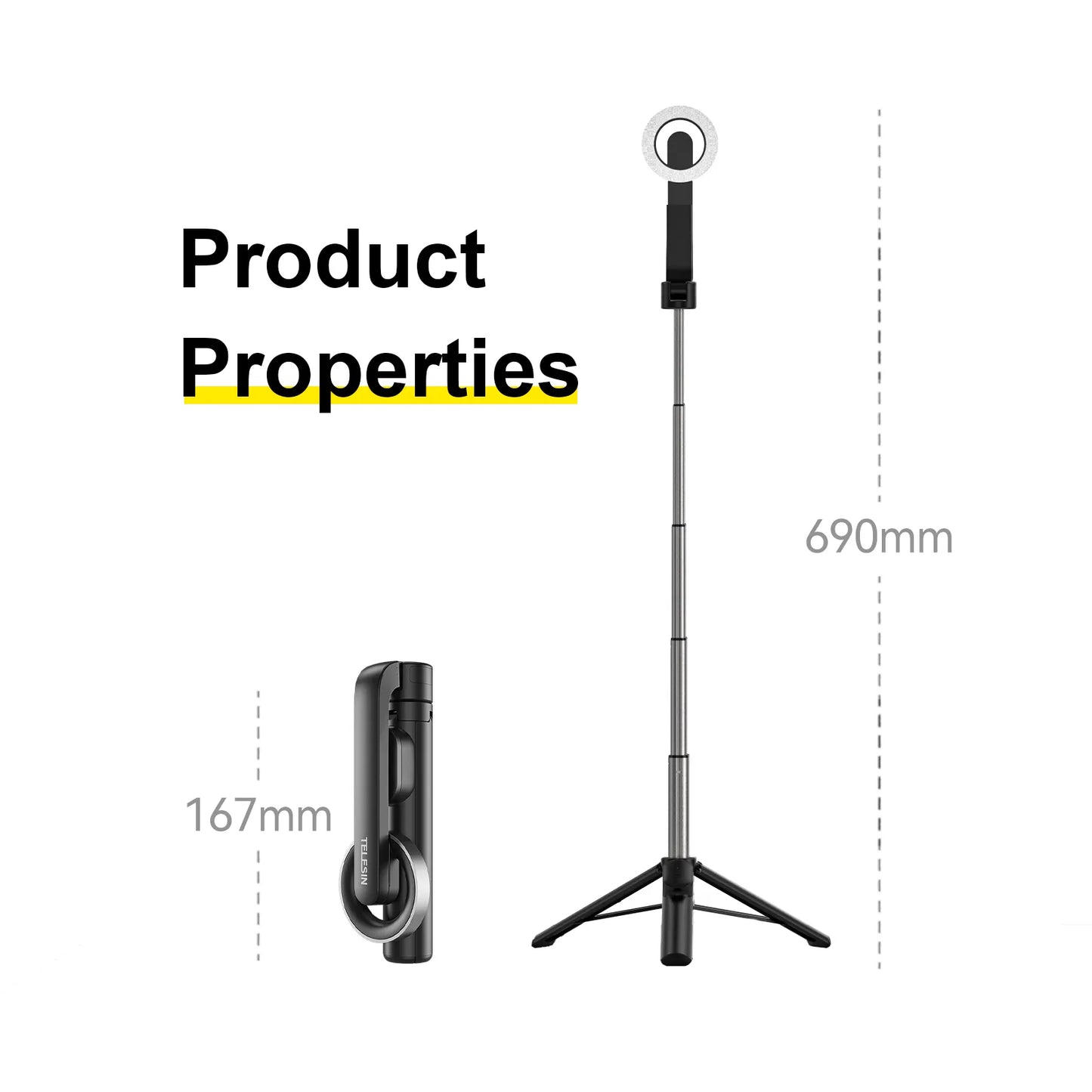 TELESIN Magnetic Selfie Stick Tripod with Remote For Cellphone For iPhone 14 13 12 Pro Max For HUAWEI XIAOMI SAMSUNG