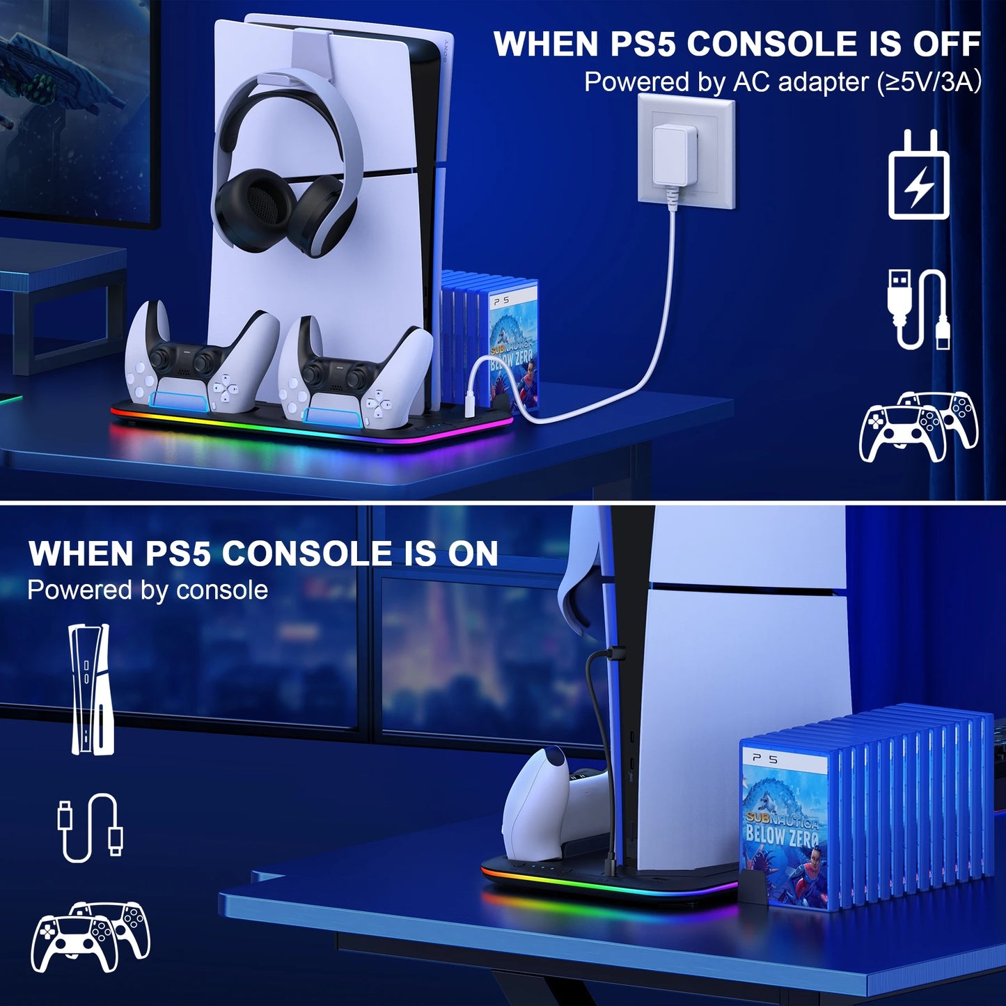 PS5 Stand PS5 RGB Cooling Station | Cooling Deck, Dual Controller Charger, Cooling Fan