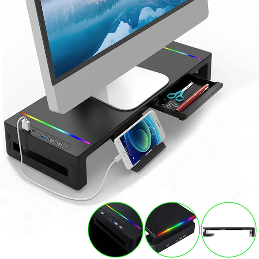 RGB Computer Ergonomic Monitor Stand | Riser Desk, Riser Stand, USB 3.0 Port Hub