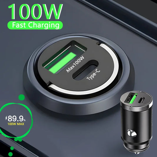 Mini Car Charger (30W to 100W) | Fast Charge for iPhone/Android, USB-A and Type-C