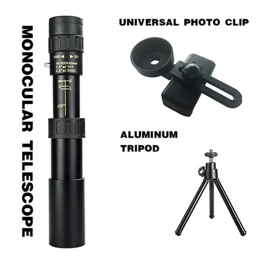Powerful 10-300x40 HD Monocular Telescope|Long Range Zoom, Tripod, iPhone, Smartphone