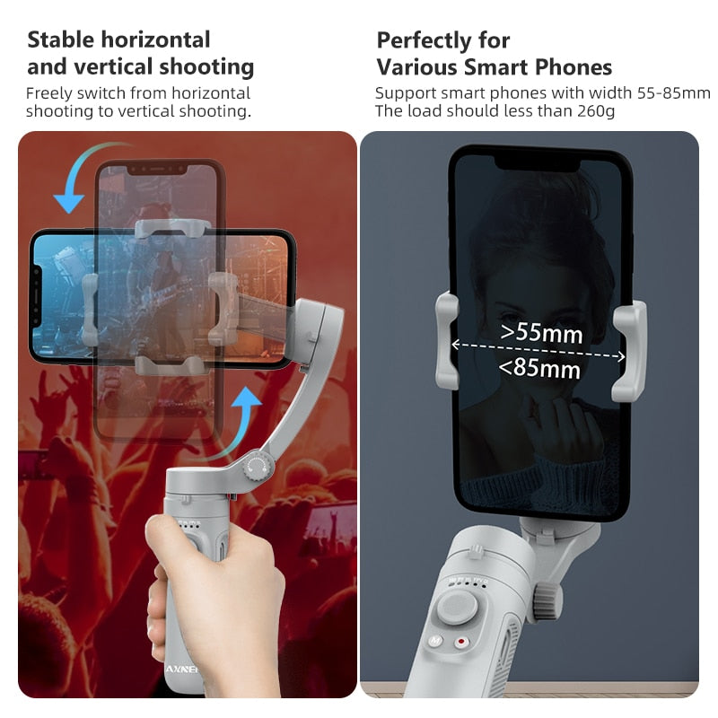 Technical description of the switch feature and the phone's dimensions compatible with the AXNEN HQ3 smartphone gimbal stabiliser