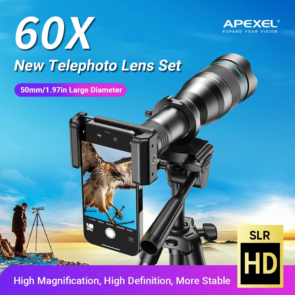 APEXEL 60X Telephoto Phone Lens Metal Monocular LongRange with Tripod for Iphone13/14 ProMax Outdoor Mobile Telescope Spot Scope