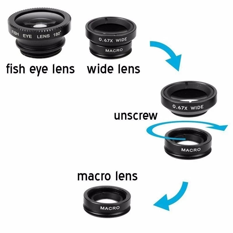Portable 3 In 1 Clip-On Lens, Wide Angle, Macro, Fisheye | Smartphone and Tablet