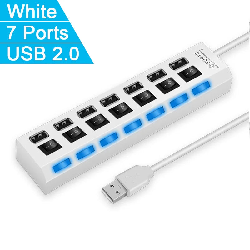 Multiple Port USB Hub with Individual Switches | 4 and 7 ports, Extender, LED Lamp Switch