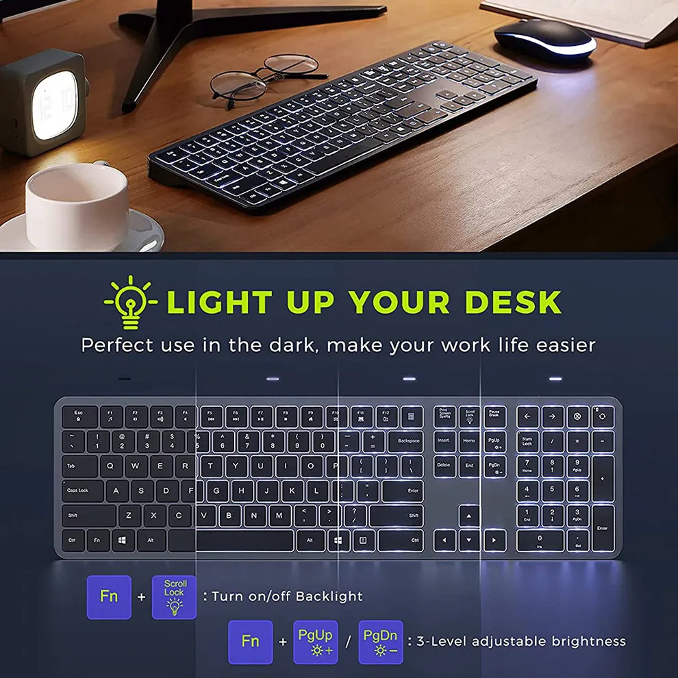 Wireless Keyboard and Mouse Combo 2.4G USB Silent Backlit Keyboard and Mouse Rechargeable Full-Size Slim Keyboard & Mouse Set