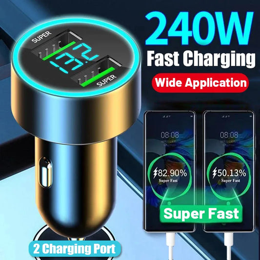240W Car Charger with Digital Display | Dual-ports, Fast USB Charging, PD Protocol