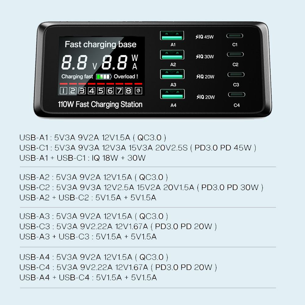 Ultra fast 110W Desktop Charging Station | USB, USB-C, Wireless Charger