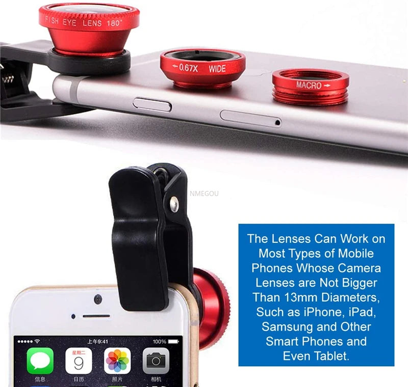 Portable 3 In 1 Clip-On Lens, Smartphone, Tablet | Wide Angle, Macro, Fisheye