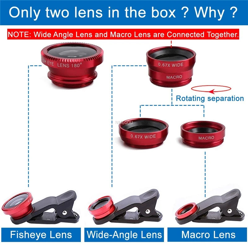 Portable 3 In 1 Clip-On Lens, Smartphone, Tablet | Wide Angle, Macro, Fisheye