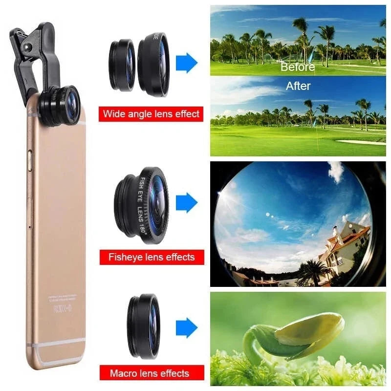 Portable 3 In 1 Clip-On Lens, Wide Angle, Macro, Fisheye | Smartphone and Tablet