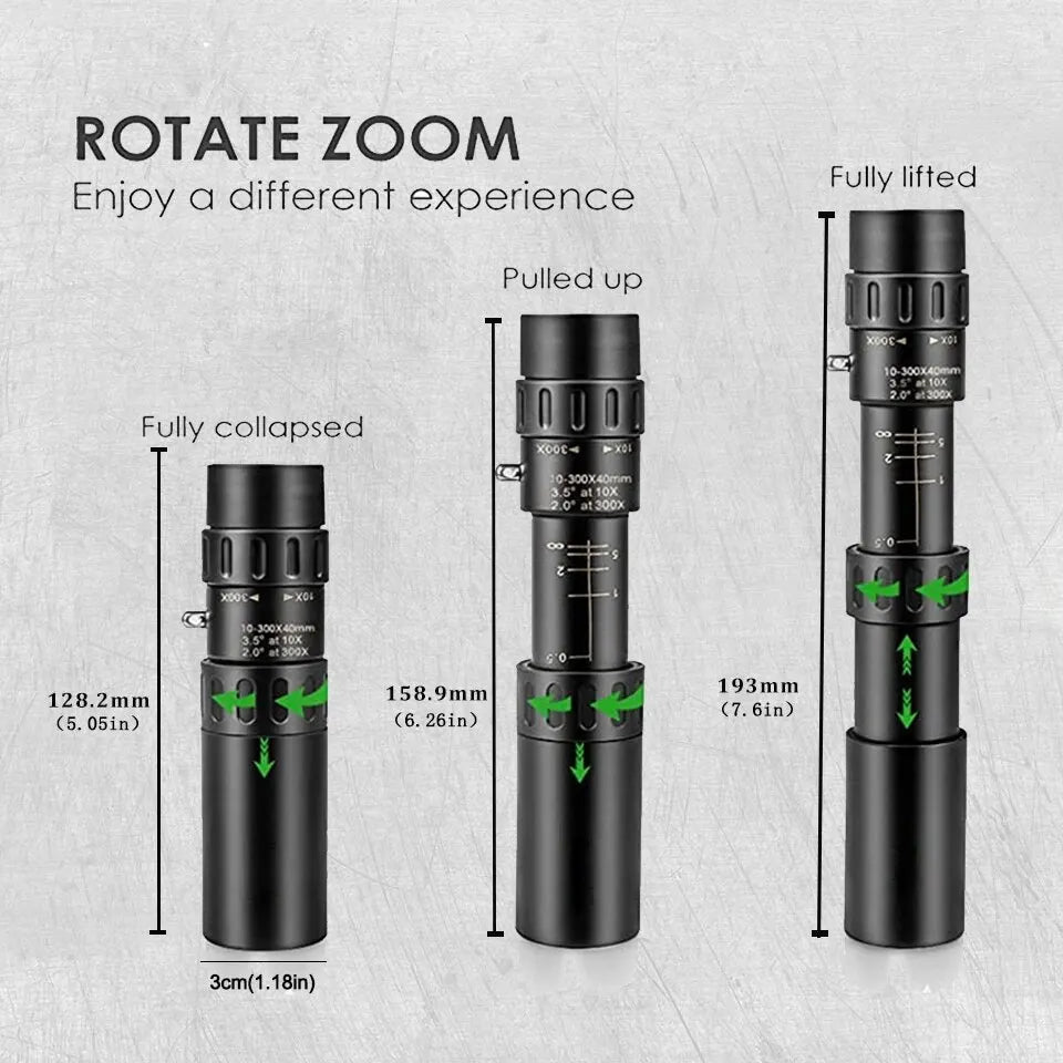 Powerful 10-300x40 HD Monocular Telescope|Long Range Zoom, Tripod, iPhone, Smartphone