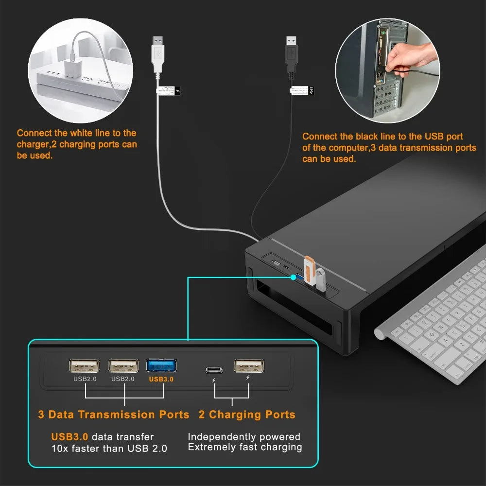 Multi-Function RGB Computer Monitor Stands Foldable with USB3.0 Port Keyboard Mouse Storage Shelf and Drawer Monitor Holder