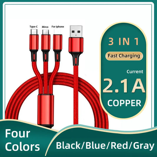 3 In 1 Micro USB Type C 1.2m Charger Cable 2.1A Current Multiple Usb Charging Cord Usbc Mobile Phone Wire For ios/Android/Type-C