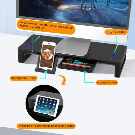 Multi-Function RGB Computer Monitor Stands Foldable with USB3.0 Port Keyboard Mouse Storage Shelf and Drawer Monitor Holder