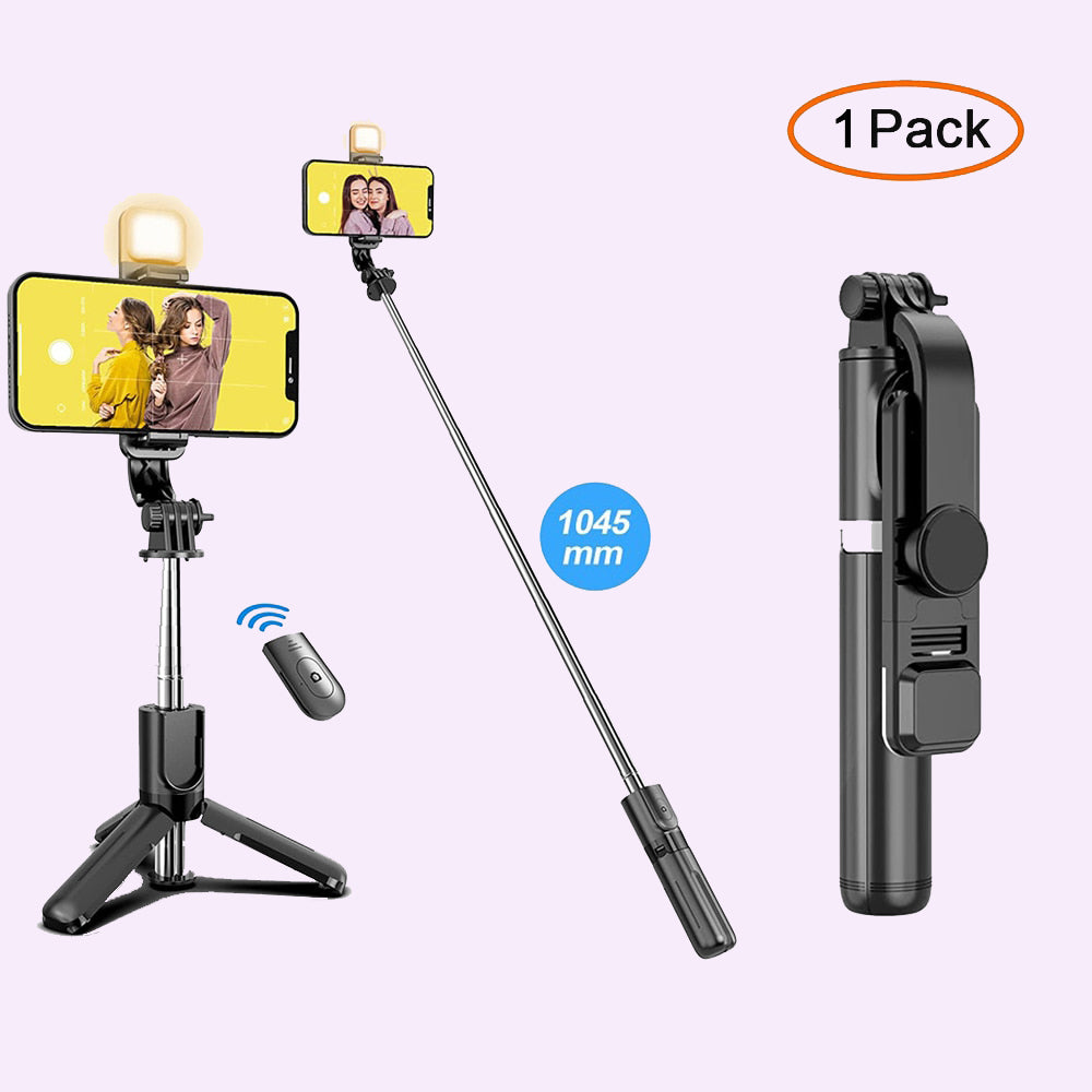 Bluetooth Selfie Stick Tripod with Light & Remote | Foldable, Compact