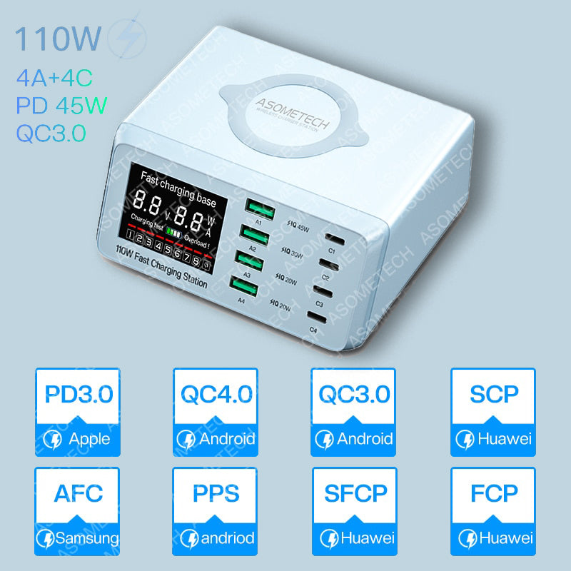 Ultra fast 110W Desktop Charging Station | USB, USB-C, Wireless Charger